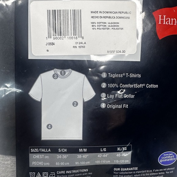 Hanes Cotton Tagless Crew Neck T Shirt 4 Pack Set Gray Black Navy Men's Small - Picture 4 of 4
